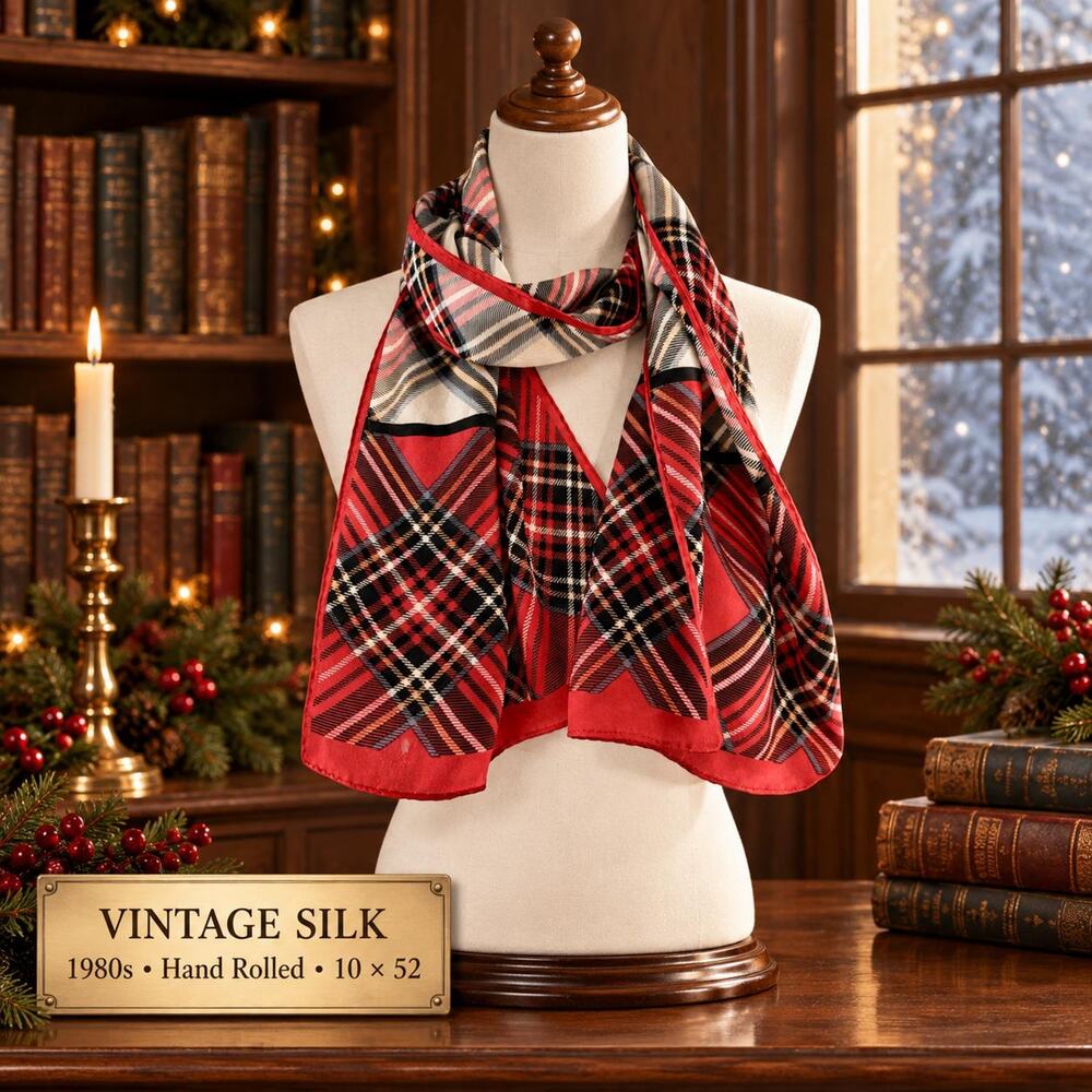 Vintage 1980s Silk Red Plaid Scarf Hand Rolled 10x52